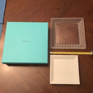 Selling both authentic Tiffany & Co Woven square platters crystal and porcelain